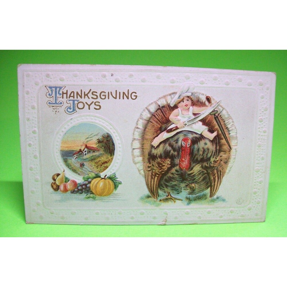 Thanksgiving Postcard Child Holding Knife M132 Chef Child Rides Turkey Antique